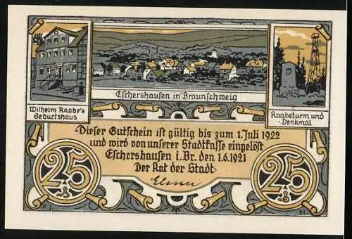 Notgeld Eschershausen 1921, 25 Pfennig, Wilhelm Raabe`s Geburtshaus, Stadtansicht, Randerturm und Denkmal