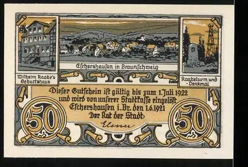 Notgeld Eschershausen 1921, 50 Pfennig, Wilhelm Raabe`s Geburtshaus und Raabe-Turm