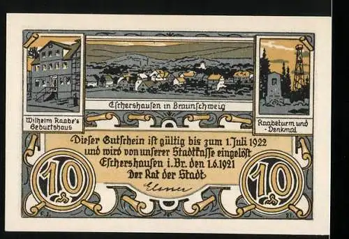 Notgeld Eschershausen 1921, 10 Pfennig, Menschen und wilde Tiere, Wilhelm Raabe Zitat, Stadtansicht und Denkmale