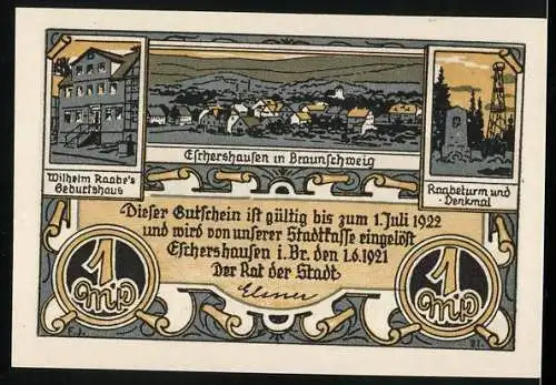 Notgeld Eschershausen, 1921, 1 Mark, Wilhelm Raabe Porträt und Stadtansichten