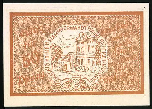 Notgeld Trittau, 1921, 50 Pfennig, Gebäude und Text auf der Rückseite