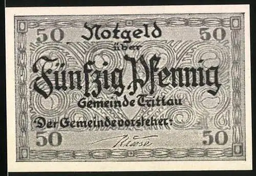 Notgeld Trittau, 50 Pfennig, Gebäude und Spruch auf Rückseite