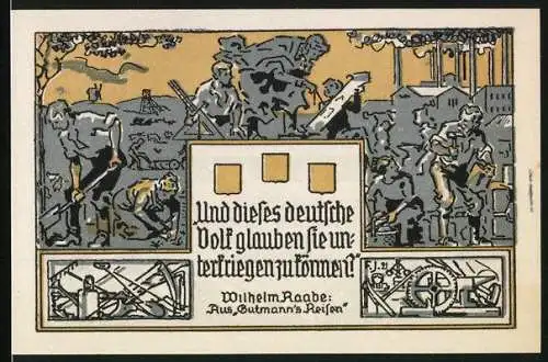 Notgeld Eschershausen, 1921, 2 Mark, Motiv mit Arbeitern und Wilhelm Raabe Bezug