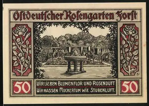 Notgeld Forst Lausitz, 1921, 50 Pfennig, Altdeutscher Rosengarten und Stadtwappen