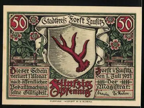 Notgeld Forst Lausitz, 1921, 50 Pfennig, Altdeutscher Rosengarten und Stadtwappen