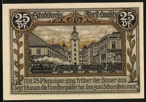 Notgeld Forst / Lausitz, 1921, 25 Pfennig, Stadtansicht und Stadtwappen