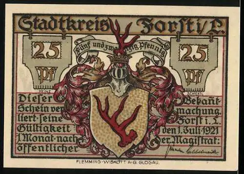 Notgeld Forst / Lausitz, 1921, 25 Pfennig, Stadtansicht und Stadtwappen