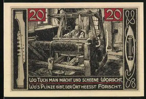 Notgeld Forst 1921, 20 Pfennig, Weberei-Szene und Fabrikansicht