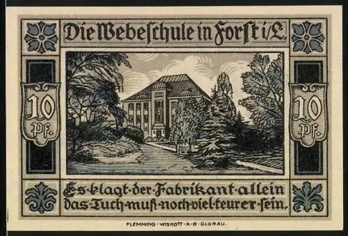 Notgeld Forst, 1921, 10 Pfennig, Die Webeschule und Stadtwappen mit Werkzeugen