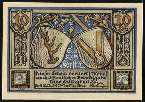 Notgeld Forst, 1921, 10 Pfennig, Die Webeschule und Stadtwappen mit Werkzeugen