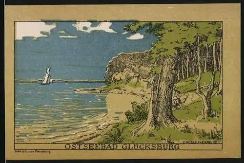Notgeld Glücksburg, 1920, 50 Pfennig, Ostseebad mit Segelboot und Bäumen, Rückseite mit Inschrift und Wappen