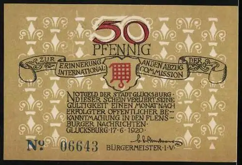 Notgeld Glücksburg, 1920, 50 Pfennig, Ostseebad mit Segelboot und Bäumen, Rückseite mit Inschrift und Wappen