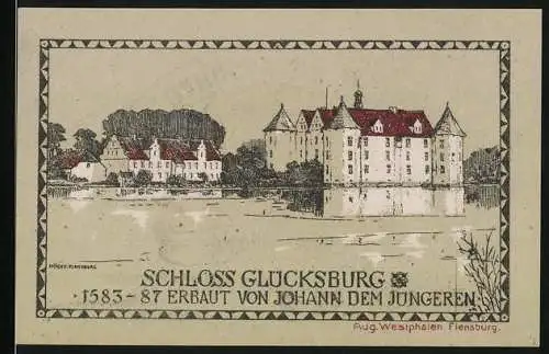 Notgeld Glücksburg, 1920, Eine Mark, Schloss Glücksburg Illustration auf der Vorderseite, Stadtwappen auf der Rückseite