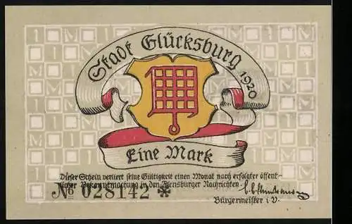 Notgeld Glücksburg, 1920, Eine Mark, Schloss Glücksburg Illustration auf der Vorderseite, Stadtwappen auf der Rückseite