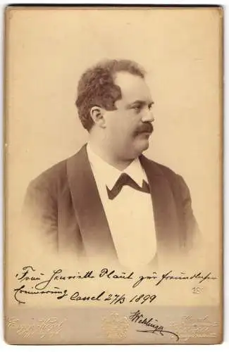 Fotografie Eugen Kegel, Cassel, Siegmund Weltlinger, Opernsänger, mit Autograph, 1899