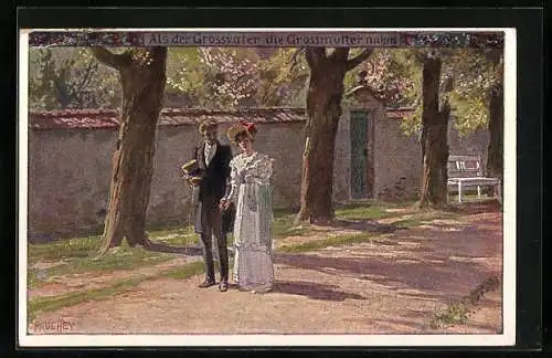 Künstler-AK P. Hey, Volksliederkarte Nr.: 54, Als der Grossvater die Grossmutter nahm, Händchen haltendes Paar