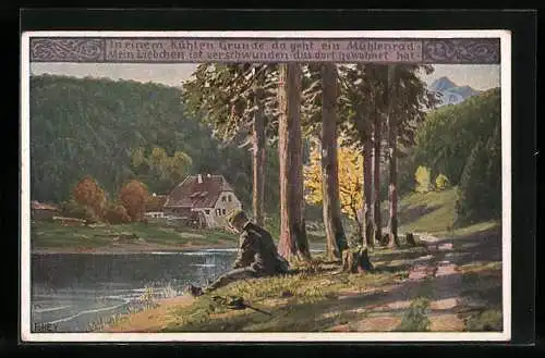 Künstler-AK Paul Hey: Mann sitzt traurig am Fluss gegenüber der Mühle