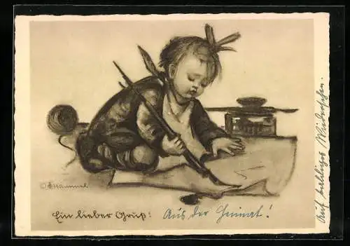 Künstler-AK Hummel: Mädchen verfasst einen lieben Gruss