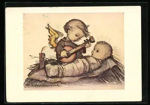 Künstler-AK Hummel: Engel spielt Laute