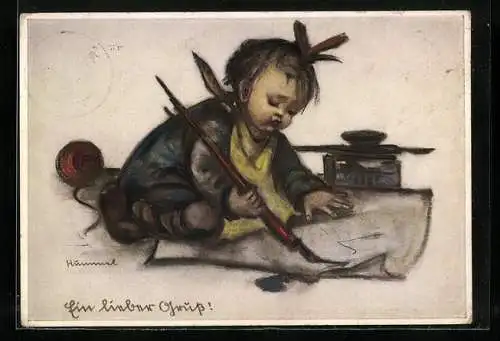 Künstler-AK Hummel: Kleines Mädchen schreibt einen Brief, Ein lieber Gruss!