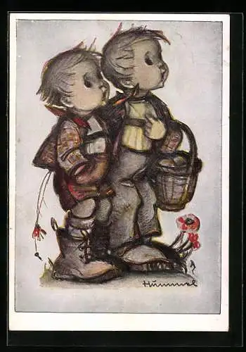Künstler-AK Hummel: Gratulanten, Kinder mit Körbchen, Blumen
