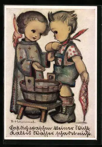 Künstler-AK Hummel: Lass dich waschen kleiner Wicht, kaltes Wasser schadet nicht, Engel