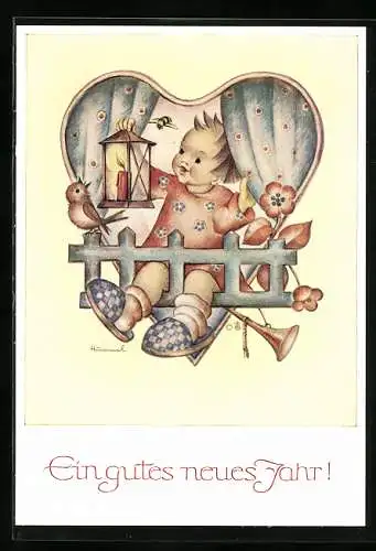 Künstler-AK Hummel: Neujahr, Kind mit Laterne, Vogel und Blumen