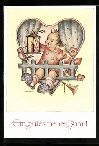 Künstler-AK Hummel: Neujahr, Kind mit Laterne, Vogel und Blumen
