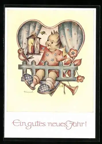 Künstler-AK Hummel: Neujahr, Kind mit Laterne, Vogel und Blumen