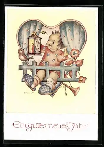 Künstler-AK Hummel: Neujahr, Kind mit Laterne, Vogel und Blumen