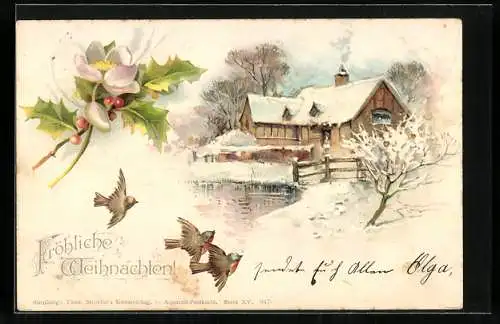 AK Ein Haus inmitten einer winterlichen Landschaft zu Weihnachten, Vögel umfliegen einen Mistelzweig