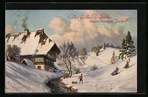 Künstler-AK Theo Stroefer Serie Nr. 1097: Winterlandschaft mit Schlittenfahrern, Neujahrsgruss