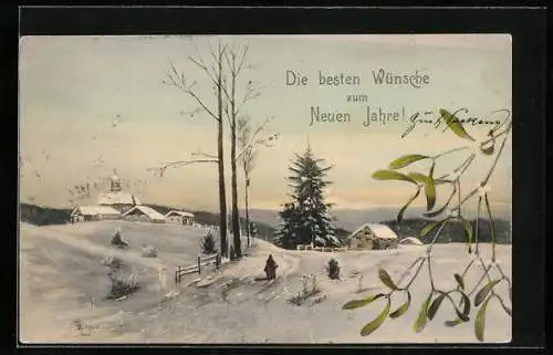 Künstler-AK Theo Stroefer Serie Nr. 348: Winterlandschaft mit Kirche, Neujahrsgruss