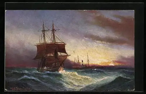 Künstler-AK Theo Stroefer Serie Nr. 587: Segelschiff auf hoher See bei Sonnenuntergang