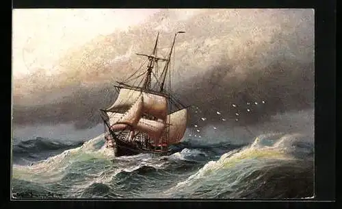 Künstler-AK Segelschiff bei stürmischer See, Seenotrettung