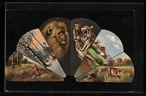 Passepartout-AK Fächer mit Löwe, Tiger, Fuchs und Fasanen