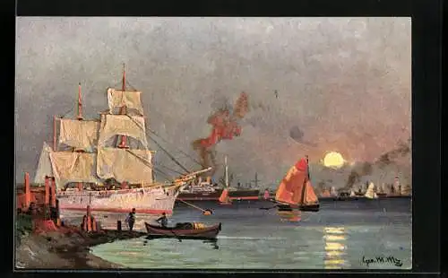 Künstler-AK Theo Stroefer Serie Nr. 443: Segelschiff im Hafen bei Sonnenuntergang