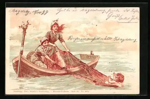 Künstler-AK Theo Stroefer Serie III. Nr. 5223: Zwei Frauen im Boot mit Kind im Netz