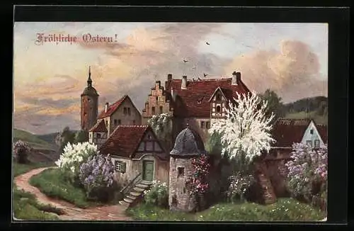 Künstler-AK Theo Stroefer Serie Nr. 1142: Landschaft bei Baumblüte, Ostergruss