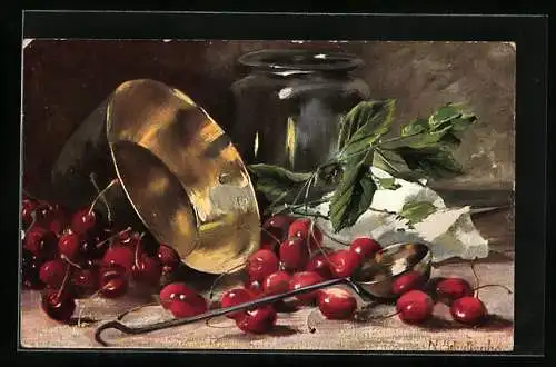 Künstler-AK Theo Stroefer Serie Nr. 690: Umgekippte Schale mit Kirschen