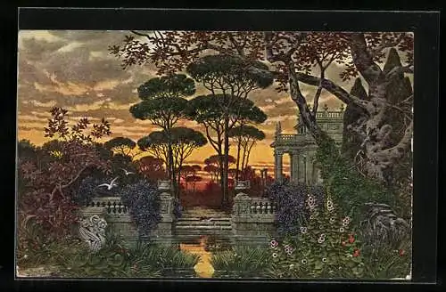 Künstler-AK Theo Stroefer Serie Nr. 800: Landschaft bei Sonnenuntergang