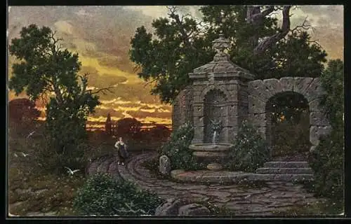 Künstler-AK Theo Stroefer Serie Nr. 800: Frau am Brunnen bei Sonnenuntergang