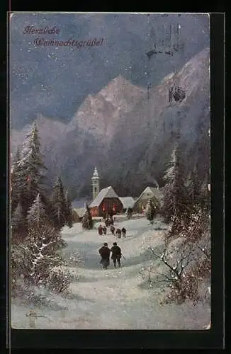 Künstler-AK Theo Stroefer Serie Nr. 1550: Winterlandschaft mit Kirche, Weihnachtsgruss