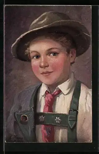 Künstler-AK Bayerischer Bub in Lederhose