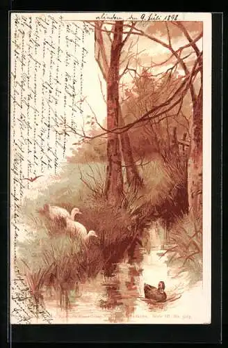 Künstler-Lithographie Theo Stroefer Nr. 5187: Idyll mit Enten