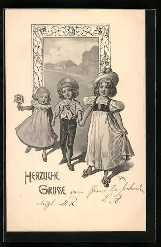 Künstler-AK Theo Stroefer Serie 145 Nr. 5: Kleiner Junge mit zwei Mädchen vor Landschaft