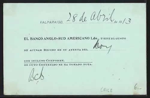 AK Valparaiso, El Banco Anglo-Sud Americano Ldo., Ganzsache