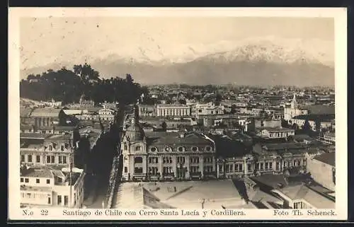 AK Santiago de Chile, Panorama con Cerro Santa Lucia y Cordillera