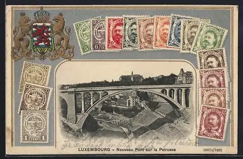 Präge-AK Luxembourg, Nouveau Pont sur la Petrusse, Wappen und Briefmarken, Passepartout