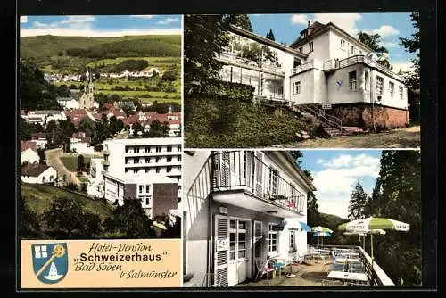 AK Bad Soden b. Salmünster, Generalansicht mit Blick zur Kirche, Hotel Pension Schweizerhaus, auf der Terrasse